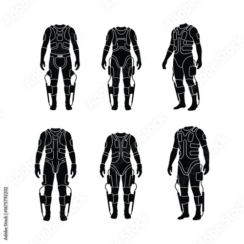 Collection of futuristic exoskeleton silhouette icons for a physiotherapy robot, representing advanced medical technology