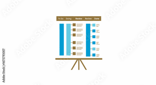 Agile project management board for workflow visualization and task tracking on a presentation easel on transparent background