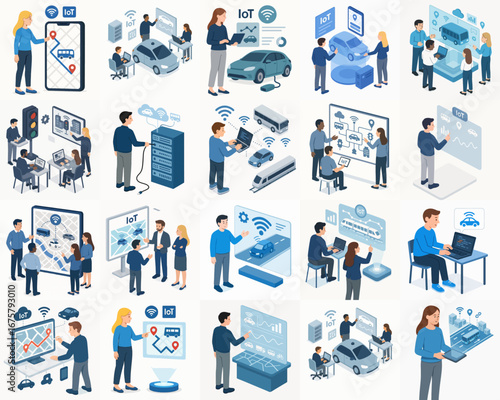 Isometric Smart Car Technology Internet of Things Conceptual Illustration Set