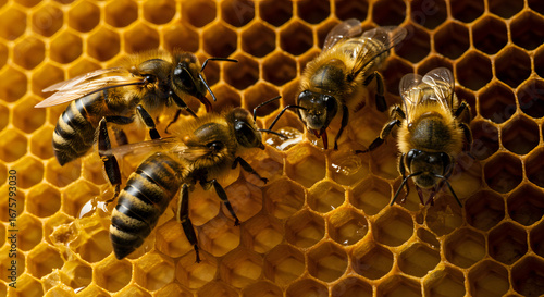 Close up captures detailed interaction of honeybees with honeycomb wax cells focused on honey production and hive