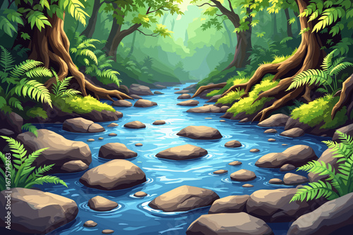Serene forest stream flows through lush green woodland with mossy rocks and vibrant ferns creating a tranquil natural escape