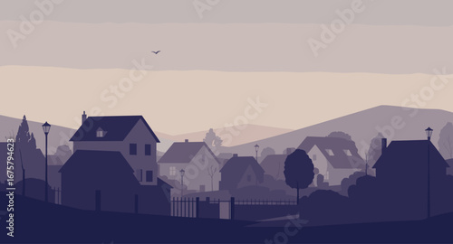Serene suburban vista unfolds with charming houses, lampposts, and rolling hills under a soft, hazy sky, evoking peaceful neighborhood tranquility