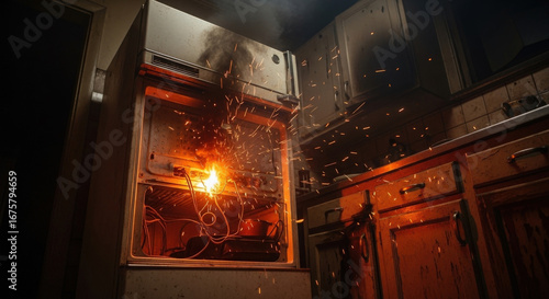 Kitchen refrigerator caught fire, blazing flames and smoke, dangerous situation
