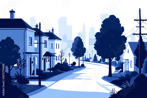 Charming suburban street scene unfolds with elegant homes, mature trees, and distant city skyline creating a peaceful, aspirational atmosphere