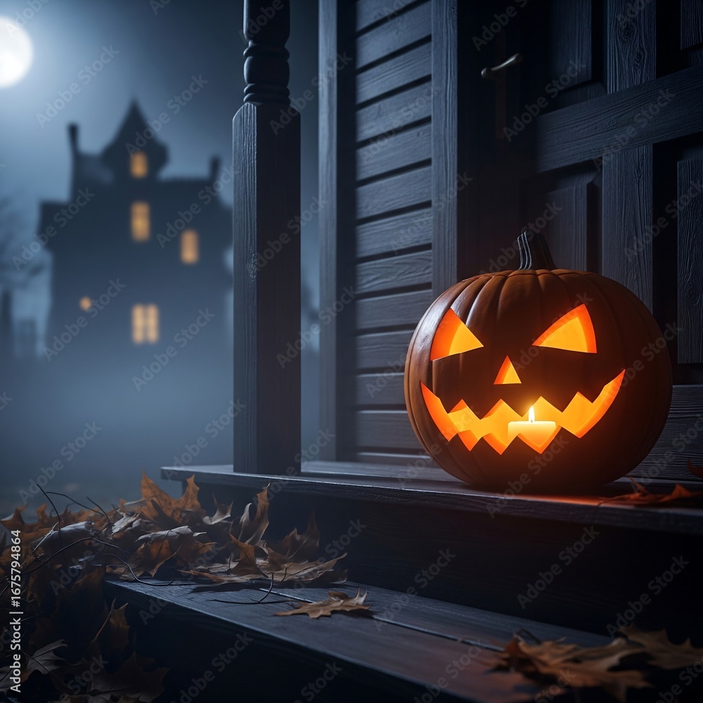 Fototapeta premium Spooky Jack O’Lantern Decoration on Porch with Autumn Leaves