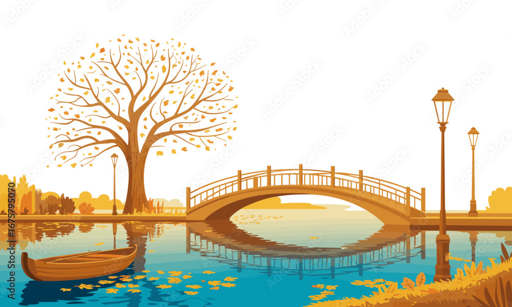 Fototapeta premium Tranquil autumn park scene with a charming bridge, serene lake, and a lone rowboat drifting past falling leaves.