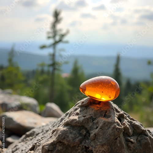 A single, glowing piece of amber rests upon a picturesque outdoor rock surrounded by a serene natural background, symbolizing purity and tranquility.