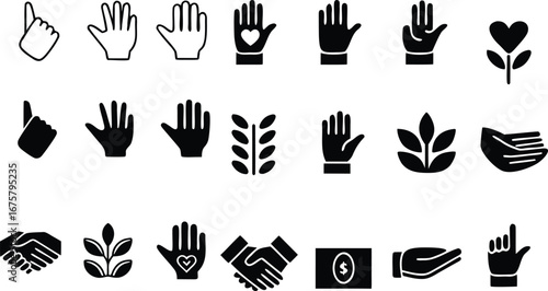 Assorted hand gestures icons representing various actions in business and human interaction with plants and donation concept