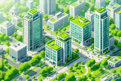 Vibrant green cityscapes with modern eco-friendly skyscrapers and lush parks showcase sustainable urban living and innovation