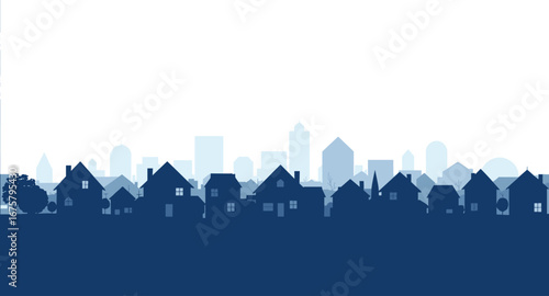 Charming suburban neighborhood skyline at dusk with city skyscrapers in the distance creates a serene, modern aesthetic for real estate