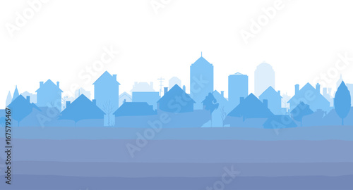 Dreamy blue cityscape silhouette captures tranquil urban neighborhood with residential homes and modern skyscrapers under a bright sky