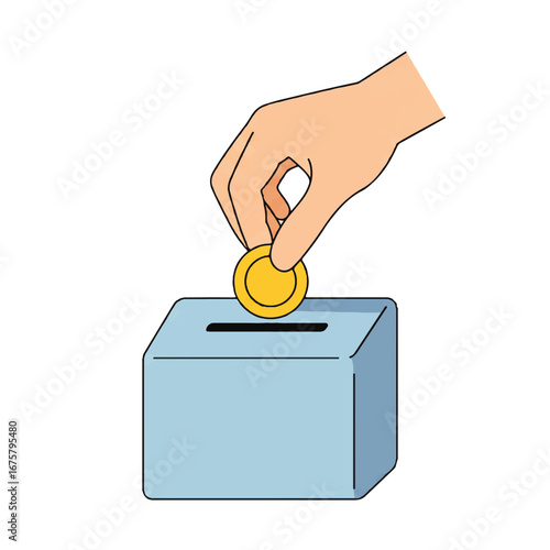 Hand dropping a gold coin into a light blue donation box with a slot on top, isolated on white.