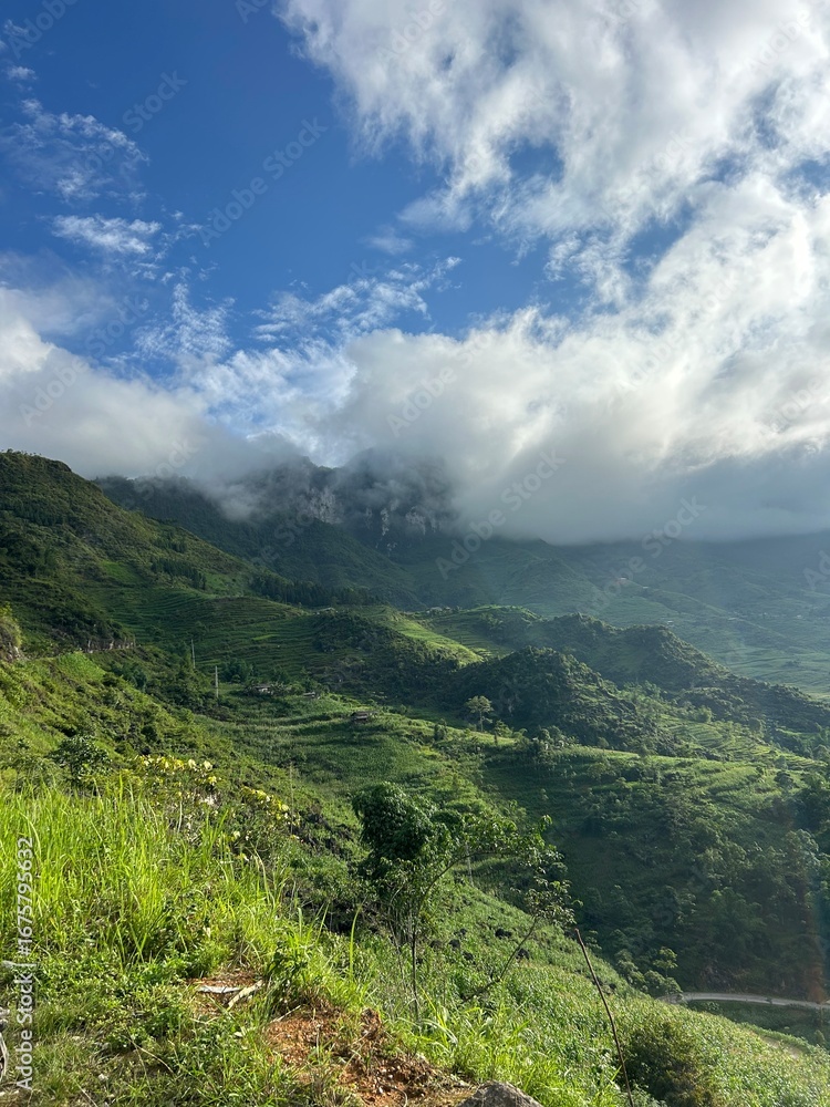 Fototapeta premium green mountain rice fields landscape sunshine with clouds