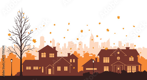 Charming suburban neighborhood bathed in warm autumn light with falling leaves and city skyline backdrop