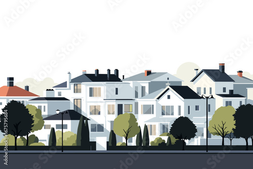 Charming suburban street scene showcasing modern residential houses with lush trees and classic streetlights creating a peaceful neighborhood atmosphere.