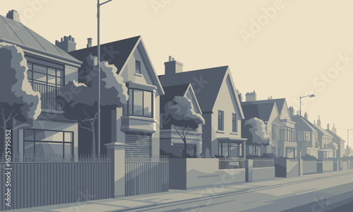 Charming row of traditional houses with manicured gardens lining a quiet suburban street in the early morning light.