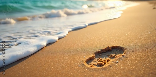 Close-up of a sandy beach with a single shoe print, waves gently lapping at the shore, sunlit sand ,  footprint on sand,  sandy beach,  summer