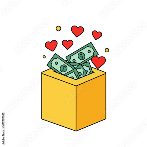 A yellow donation box filled with dollar bills, surrounded by red hearts and yellow circles, symbolizing love and financial support.