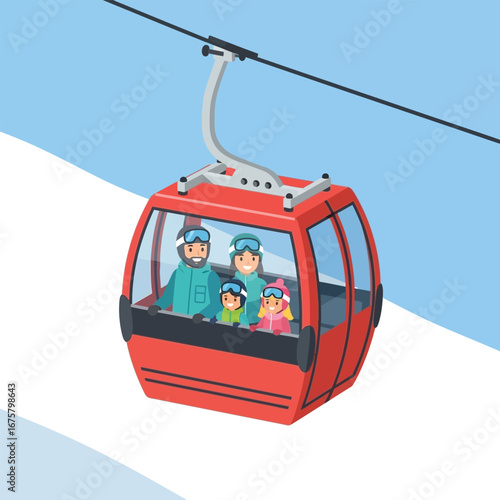 A family of four rides a red gondola lift up a snowy mountain on a bright day.