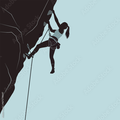 Silhouette of a woman rock climbing a cliff face, secured by a rope.