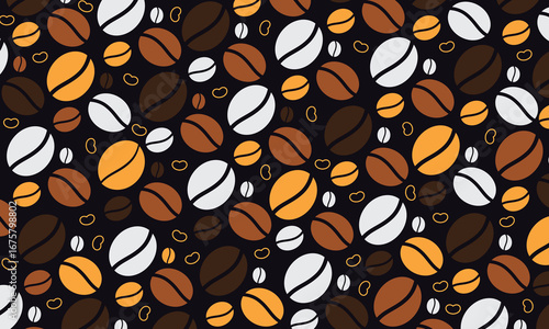 Pattern with coffee theme in bean minimalistic style. Print with abstract shapes. Illustration for cover design, food package, menu, background, café wall, coffee shop, banners.