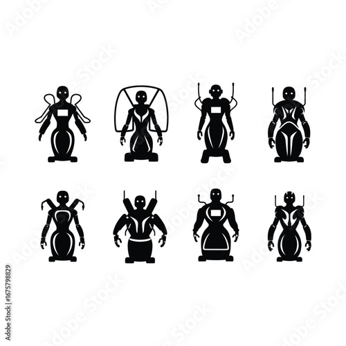 Collection of physiotherapy robot silhouettes diverse humanoids, futuristic designs, and advanced biomechanical forms for modern rehabilitation