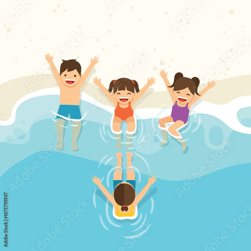 Happy children joyfully playing in shallow ocean water during summer vacation.