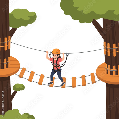 A young person carefully navigates a rope bridge obstacle course high in the trees, wearing safety gear.