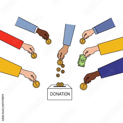 Hands of various skin tones donate coins and a bill into a donation box, representing charity and giving.