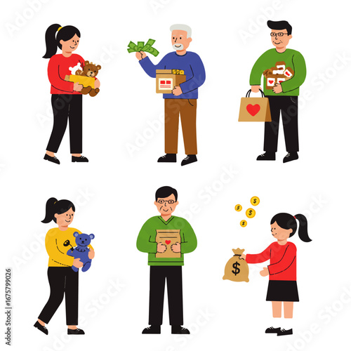 Six cartoon people donating items: a girl with a teddy bear, a man with money, a man with a house, a girl with a teddy bear, a man with a heart, and a girl with money.