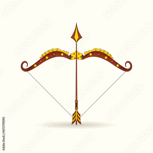 Ornate bow and arrow, the divine weapon of Lord Rama. Vector illustration for the Indian festival of Dussehra.