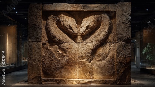 Ancient fossil specimen of a two-headed serpent dramatically presented under exhibition lighting.