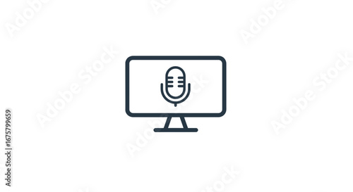 Computer monitor with microphone icon for podcasting audio recording and voice over for online meeting call on transparent background