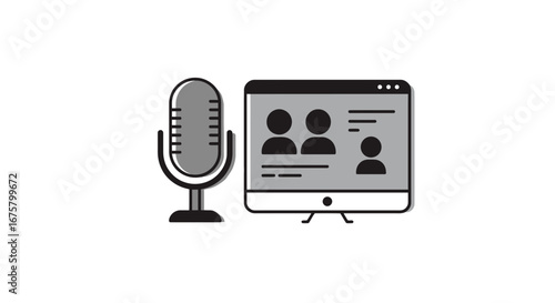 Podcast recording studio microphone online meeting conference call video conference teamwork collaboration on transparent background