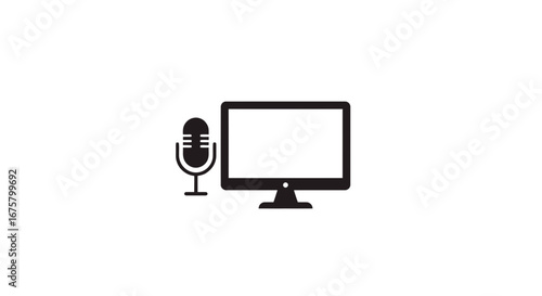 Podcast recording studio setup with microphone and monitor for audio visual production content creation on transparent background