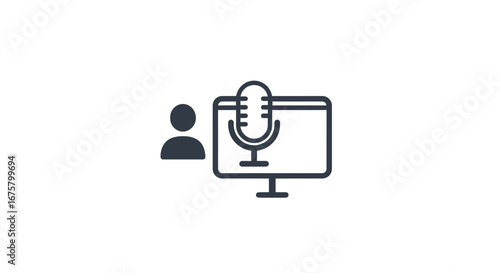 Online podcast audio recording studio microphone computer person vector illustration icon graphic design on transparent background