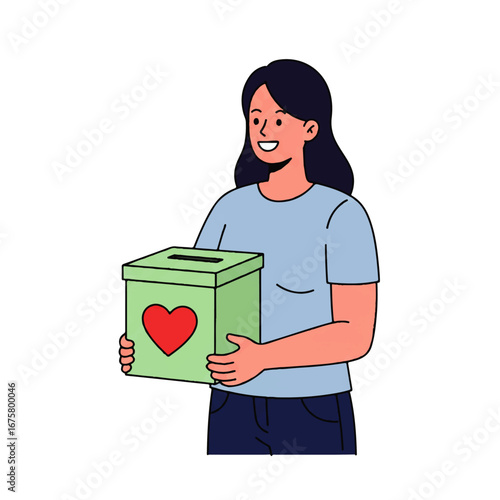 A woman smiling and holding a donation box with a red heart, symbolizing charity and support.