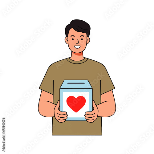 Smiling man holding a donation box with a red heart, representing charity and giving.