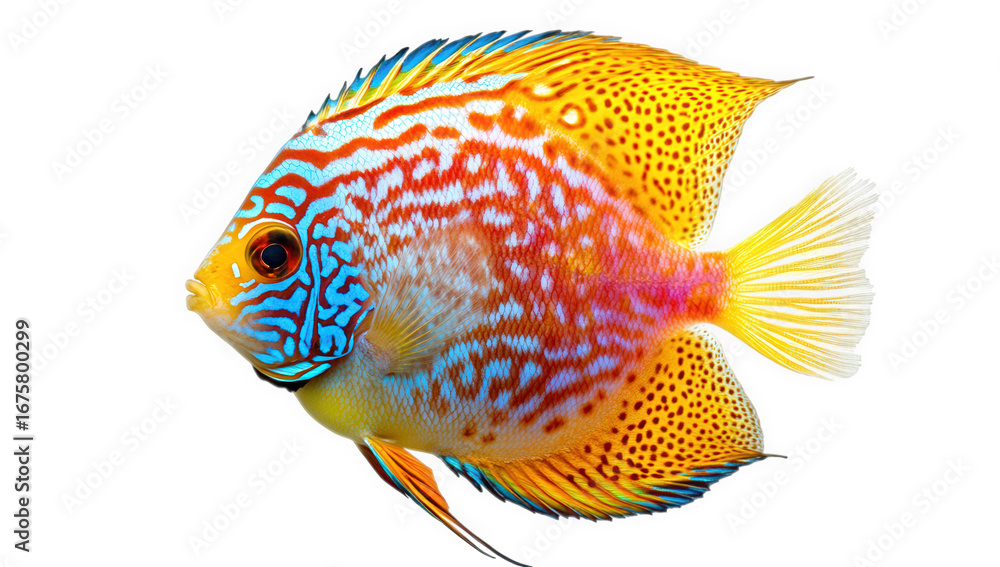 Fototapeta premium Colorful discus fish swimming gracefully isolated on transparent background in studio shot