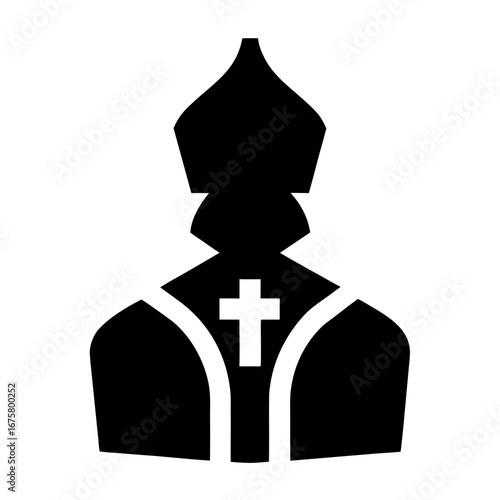 Black silhouette of a bishop wearing a mitre and vestments with a cross