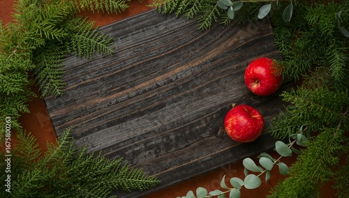 Christmas rustic wooden board with apples and greenery, mockup, background, festive, winter, holiday