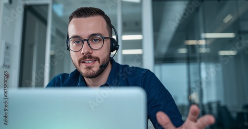 Customer support representative wearing headset in modern corporate office, call center, help desk, professional, communication, service