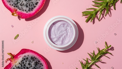 Skincare facial moisturizer jar with dragon fruit on pink background, beauty, cosmetic, organic, natural, wellness