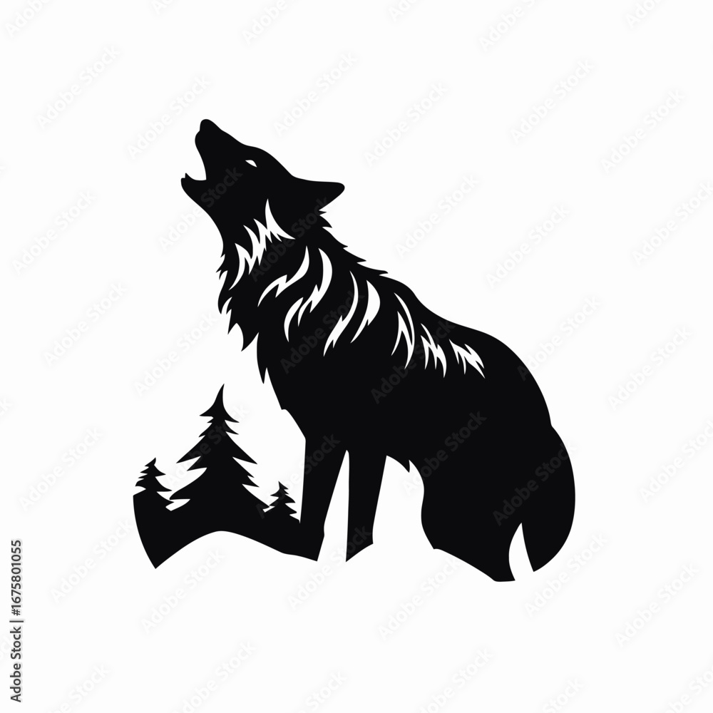 Fototapeta premium Solitary wolf howling against evergreen trees, a striking animal illustration silhouette