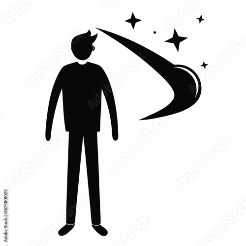 Man silhouette struck by a shooting star with sparkling stars silhouette