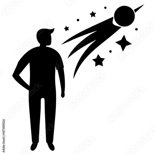 Man watching a shooting star and stars in the night sky silhouette