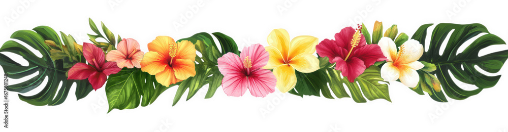 Obraz premium Colorful hibiscus flower and monstera leaf garland isolated on transparent background