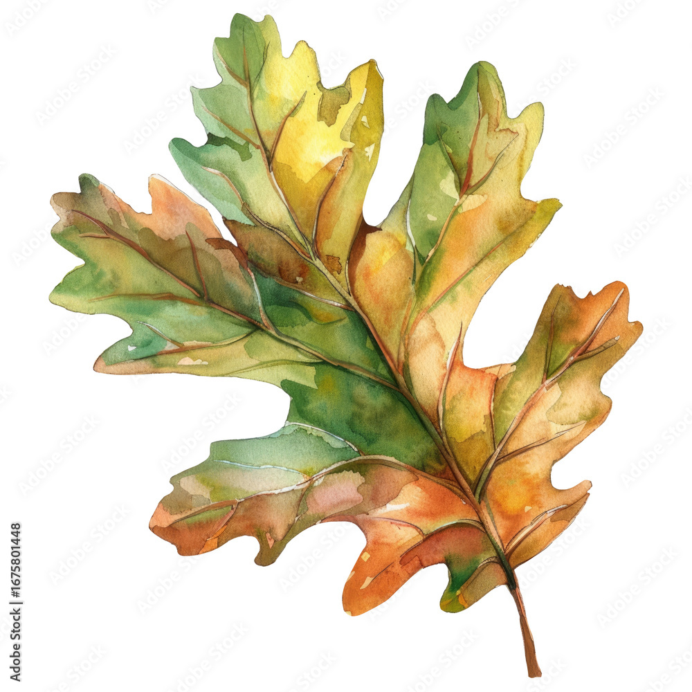 Fototapeta premium Hand-painted watercolor oak leaf with rich autumn hues, isolated on white background. Perfect for seasonal branding, calendars, or nature journals