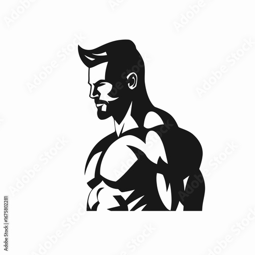 Strong man with muscular build side view vector graphics silhouette