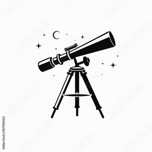 Illustrative telescope stargazing under the cosmic moon and star silhouette